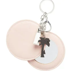 Porte-clé miroir décor palmier avec pompon rose ou beige