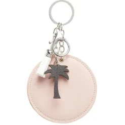 Porte-clé miroir décor palmier avec pompon rose ou beige