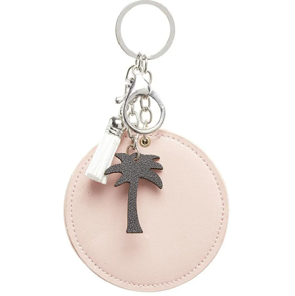 Porte-clé miroir décor palmier avec pompon rose ou beige