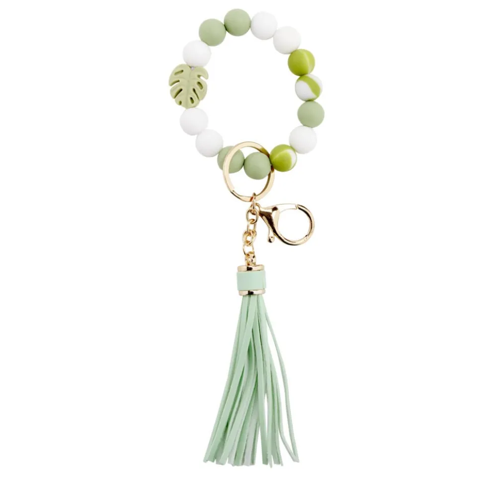 Porte-clé pompon simili et bracelet perle en bois Ø8xL9cm (2 modèles)