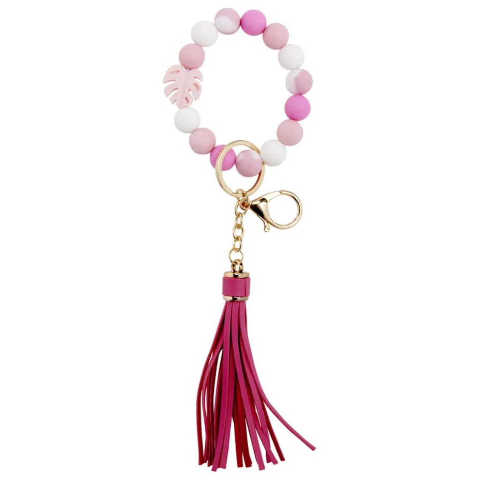 Porte-clé pompon simili et bracelet perle en bois Ø8xL9cm (2 modèles)