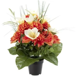 Pot chrysanthème+rose+lys H58 cm orange - Fleur artificielle 36 têtes