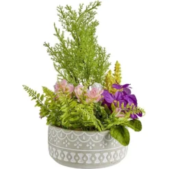 Pot ciment fleur et plante artificielle Ø18xH33cm