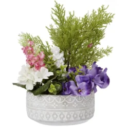 Pot ciment plante et fleur artificielle violet Ø18xH25cm