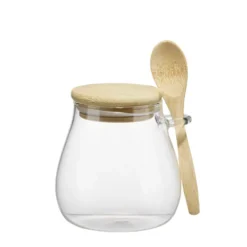 Pot de conservation en verre rond avec couvercle et cuillère bois Ø8xH12cm