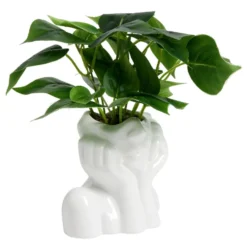 Pot en céramique visage blanc avec plante verte artificielle 14x9xH25cm