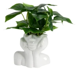 Pot en céramique visage blanc avec plante verte artificielle 14x9xH25cm