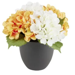 Pot fleur artificielle hortensia orange et blanc 4 tiges H23cm