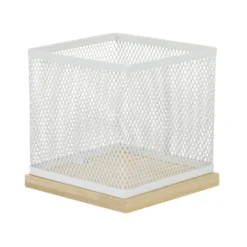 Pot à stylo bureau bambou et métal grillagé blanc 10x10x10cm
