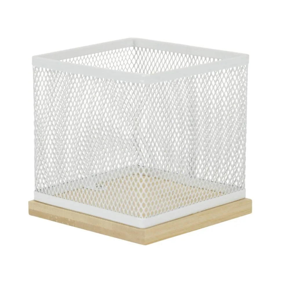 Pot à stylo bureau bambou et métal grillagé blanc 10x10x10cm