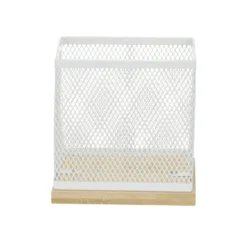 Pot à stylo bureau bambou et métal grillagé blanc 10x10x10cm