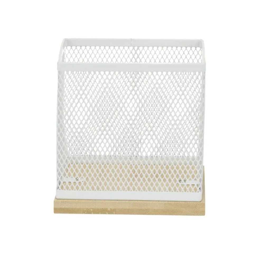 Pot à stylo bureau bambou et métal grillagé blanc 10x10x10cm