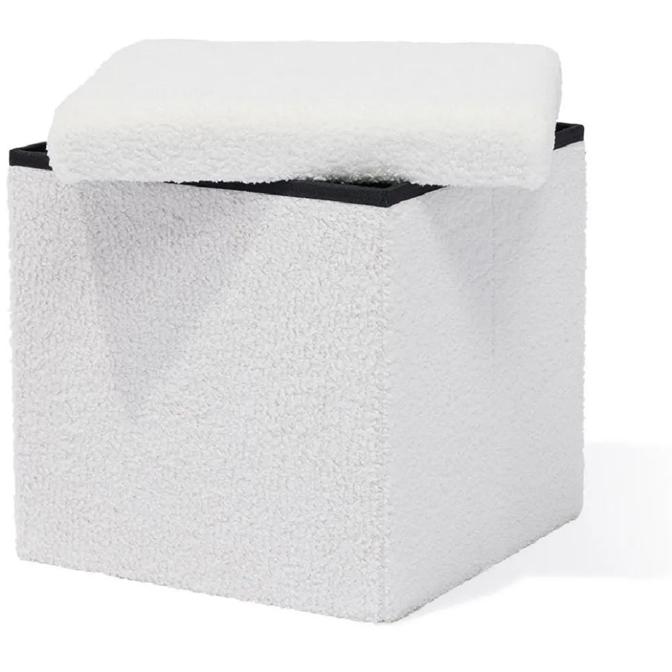 Pouf coffre Clara décor laine bouclée Blanc - L38xP38xH38 cm