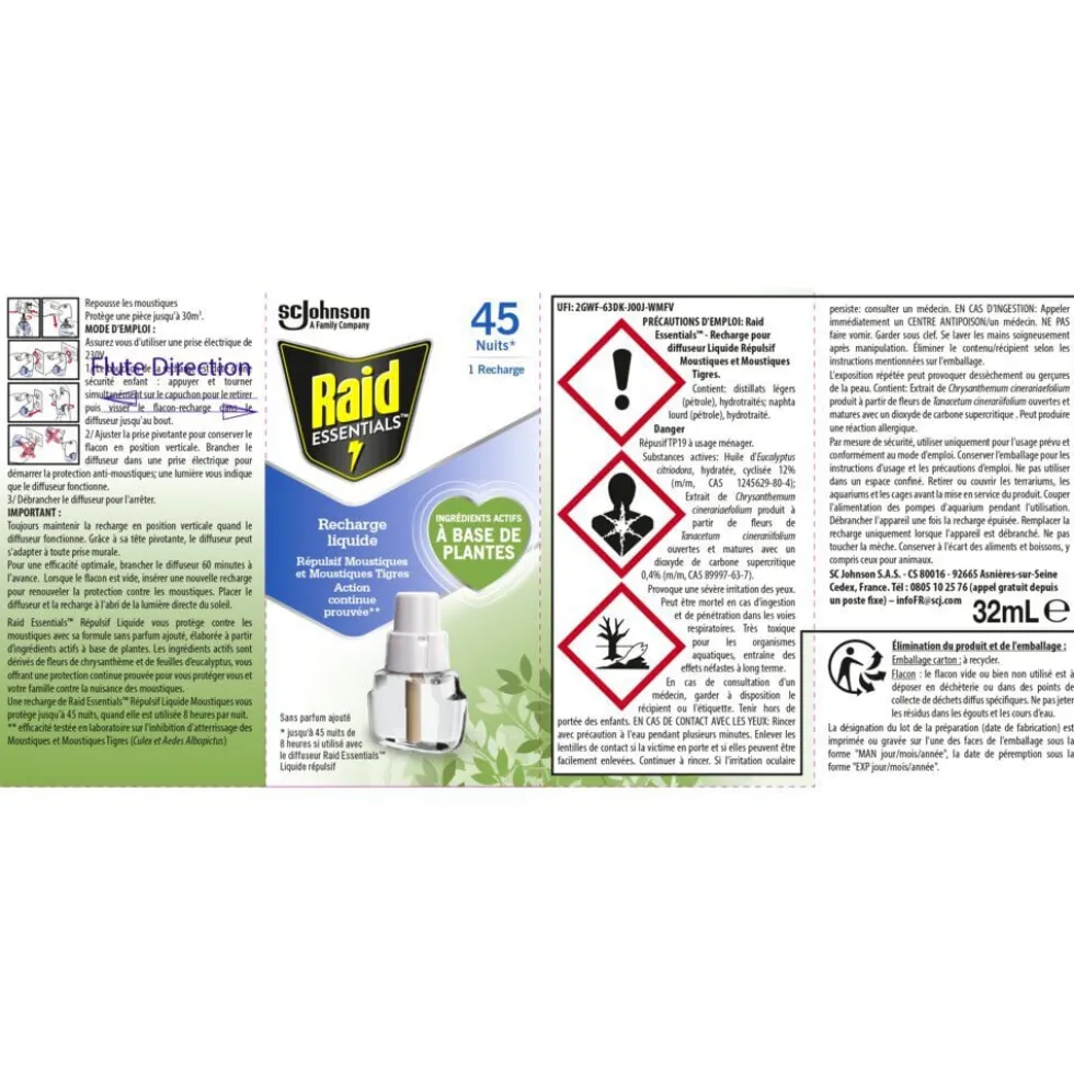 Recharge liquide antimoustique Raid avec recharge 45 nuits 32ml