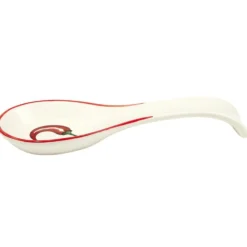 Repose-cuillère en céramique blanche motif piment rouge L16cm