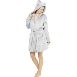 Robe de chambre pour femme avec capuche oreille gris