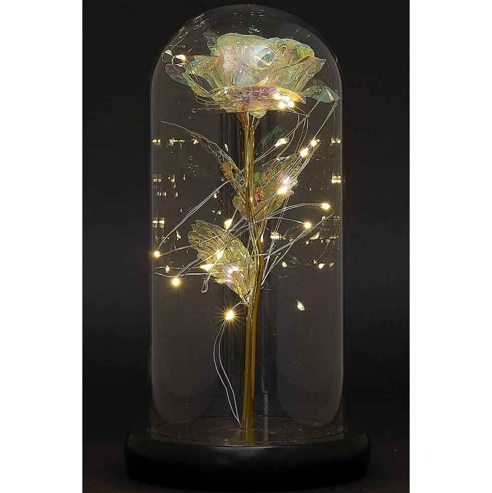 Rose iridescente à led sous cloche