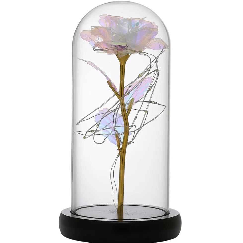 Rose iridescente à led sous cloche