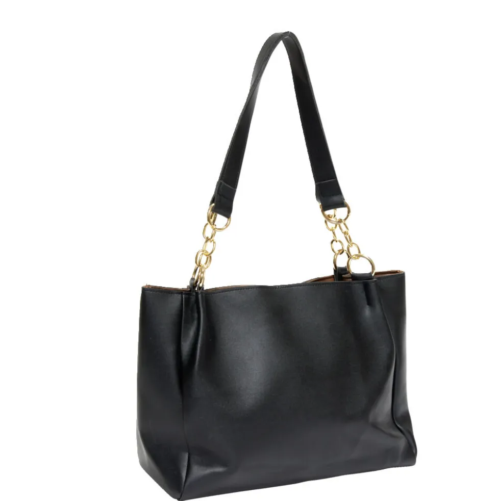 Sac femme fourre-tout simili anse chaîne dorée 33x11xH24cm - 2 modèles noir ou beige