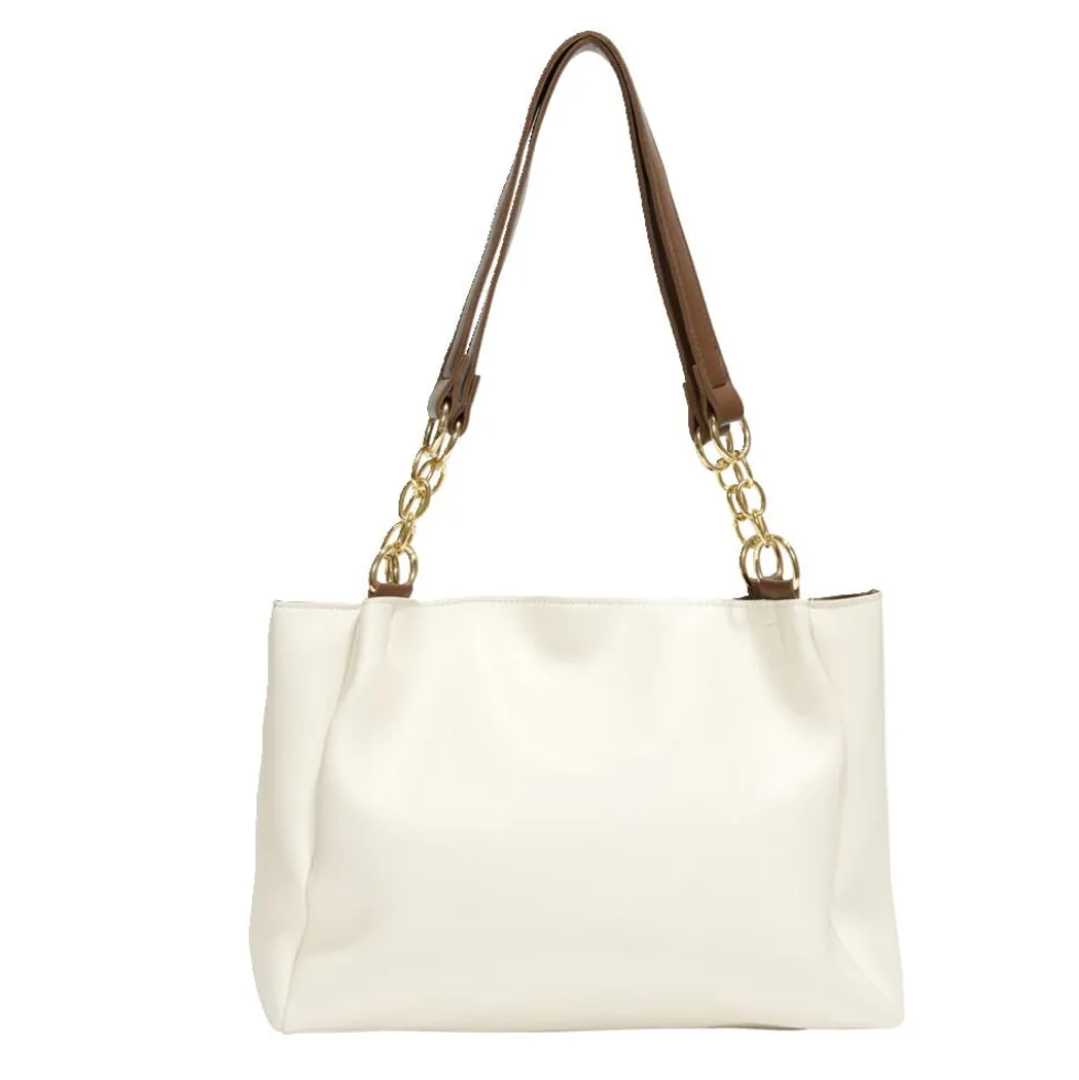 Sac femme fourre-tout simili anse chaîne dorée 33x11xH24cm - 2 modèles noir ou beige