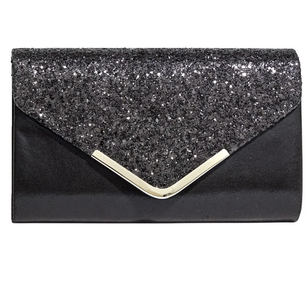 Sac pochette de soirée satiné et pailleté 24x5,6xH14cm - 2 modèles noir ou doré