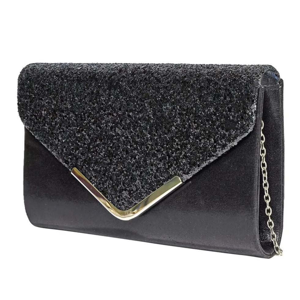 Sac pochette de soirée satiné et pailleté 24x5,6xH14cm - 2 modèles noir ou doré