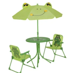 Salon de jardin enfant grenouille chaises table et parasol vert