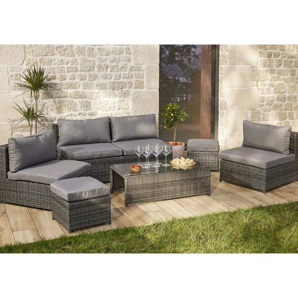 Salon de jardin Imbrik 6 places plastique tressé et acier gris (6 pièces)