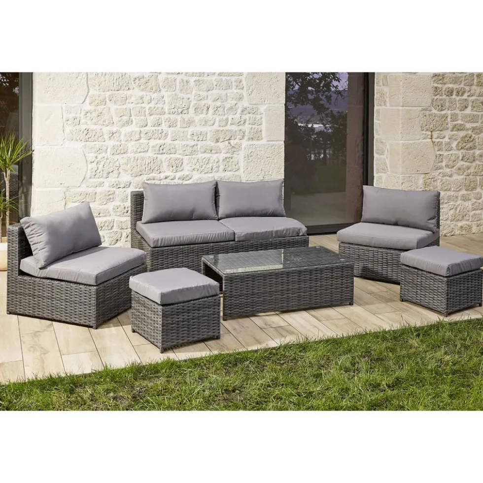 Salon de jardin Imbrik 6 places plastique tressé et acier gris (6 pièces)
