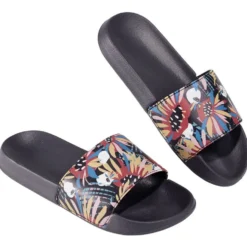 Sandales claquettes plastique noir motif feuillage multicolore 36/37