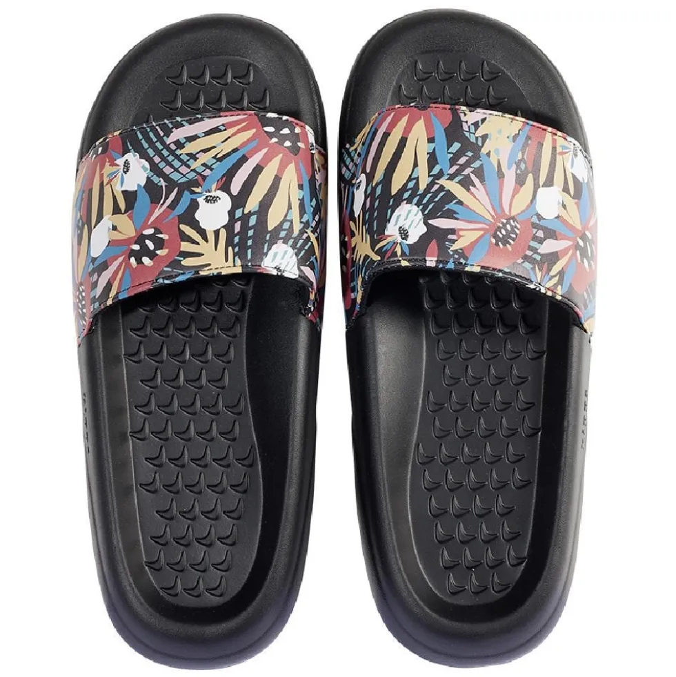 Sandales claquettes plastique noir motif feuillage multicolore 38/39