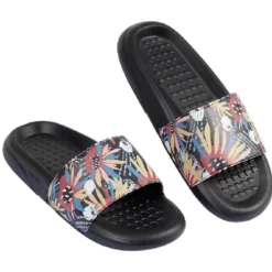 Sandales claquettes plastique noir motif feuillage multicolore 38/39