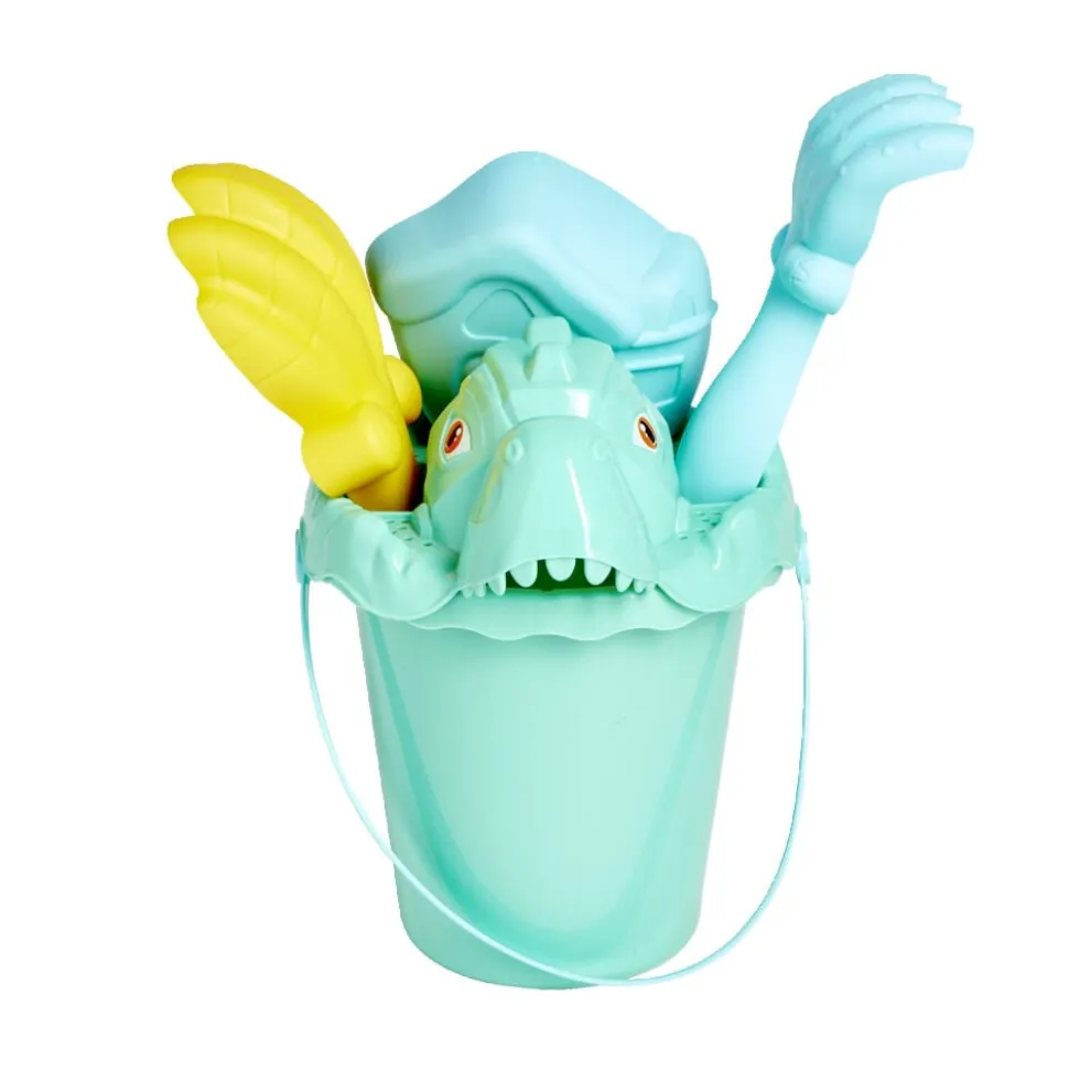 Seau de plage garni dinosaure 5 pièces vert bleu jaune