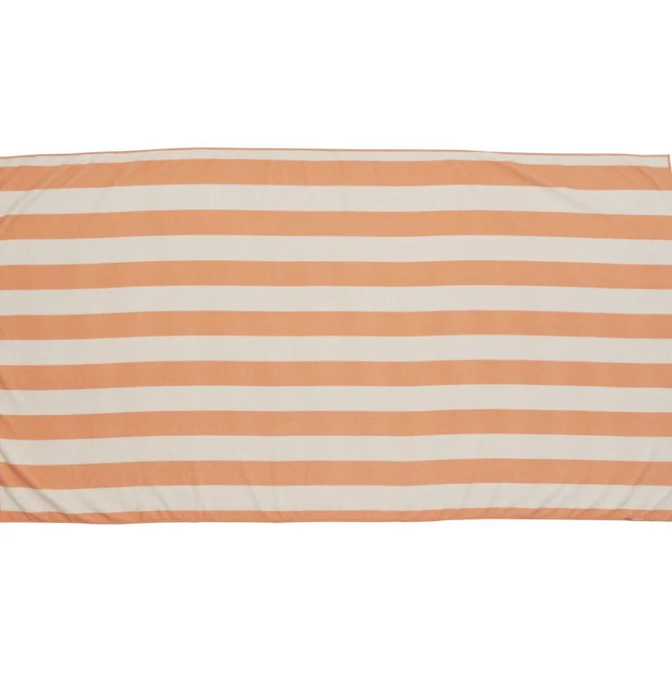 Serviette de plage microfibre marinière blanc et corail 1 personne