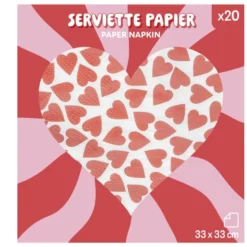 Serviette papier carrée motifs coeurs rouges 33x33cm
