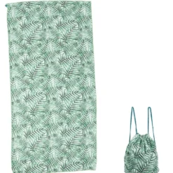 Serviette sac de plage 2 en 1 motif feuille vert blanc