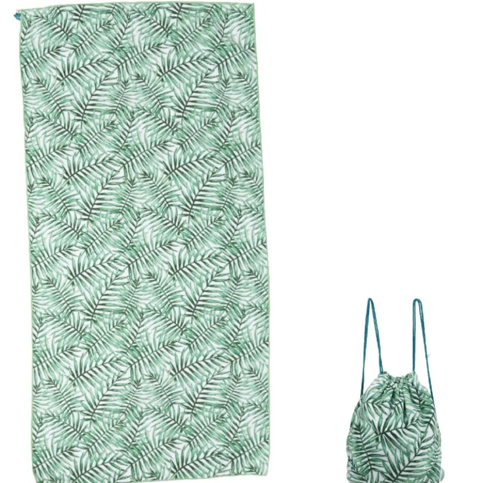 Serviette sac de plage 2 en 1 motif feuille vert blanc