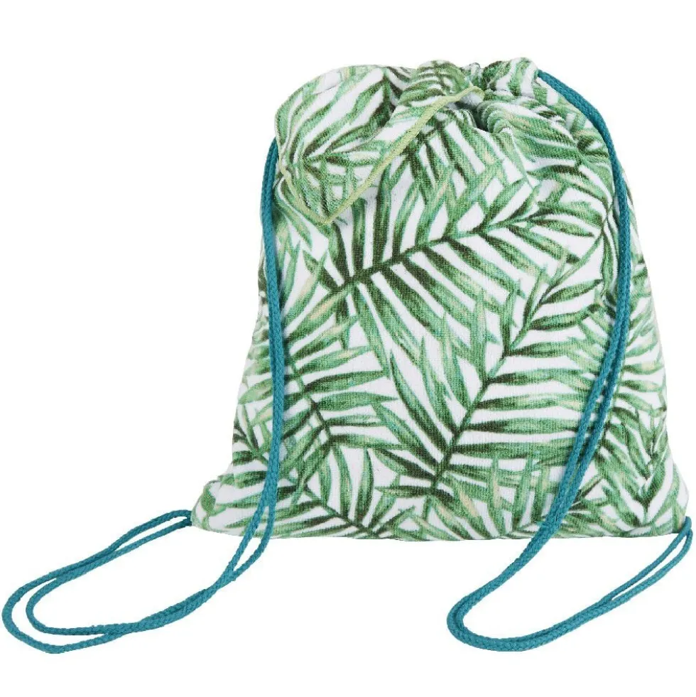 Serviette sac de plage 2 en 1 motif feuille vert blanc