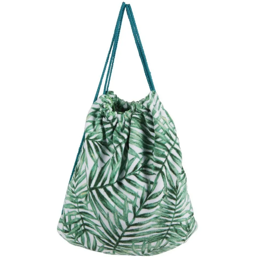 Serviette sac de plage 2 en 1 motif feuille vert blanc