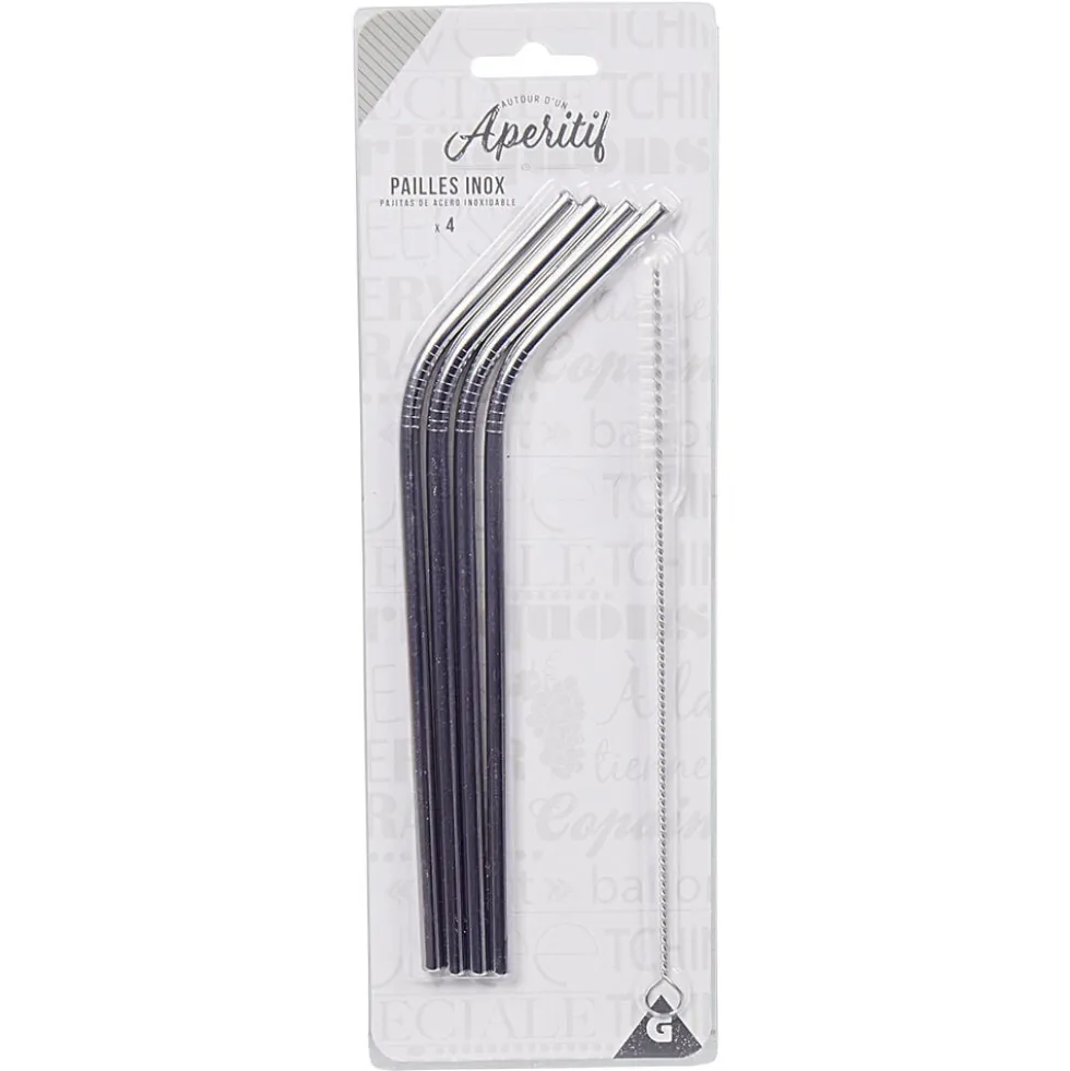 Set de 4 pailles en inox avec 1 goupillon