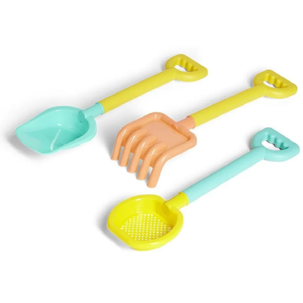 Set jeu de plage pelle, râteau et tamis plastique