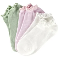 Socquettes femme bord froufrou 3 paires vert rose beige (T35/38 ou 39/42)