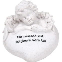Statuette ange et coeur funéraire avec inscription pensée