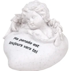 Statuette ange et coeur funéraire avec inscription pensée