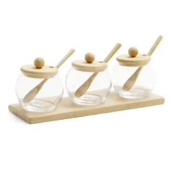 Support en bambou avec 3 bocaux 250ml et 3 cuillères 29x10xH8cm