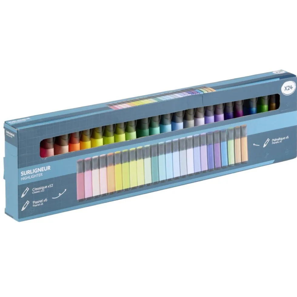 Surligneur x24 classique et pastel corps métallique L13cm
