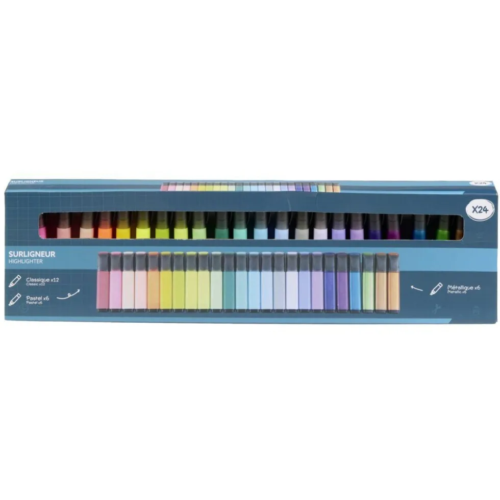 Surligneur x24 classique et pastel corps métallique L13cm