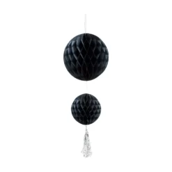 Suspension 2 boules avec pompon papier noir
