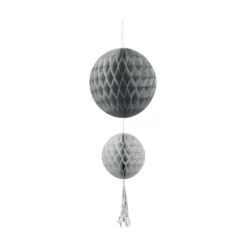 Suspension 2 boules avec pompon papier gris