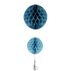 Suspension 2 boules en papier bleu et son pompon